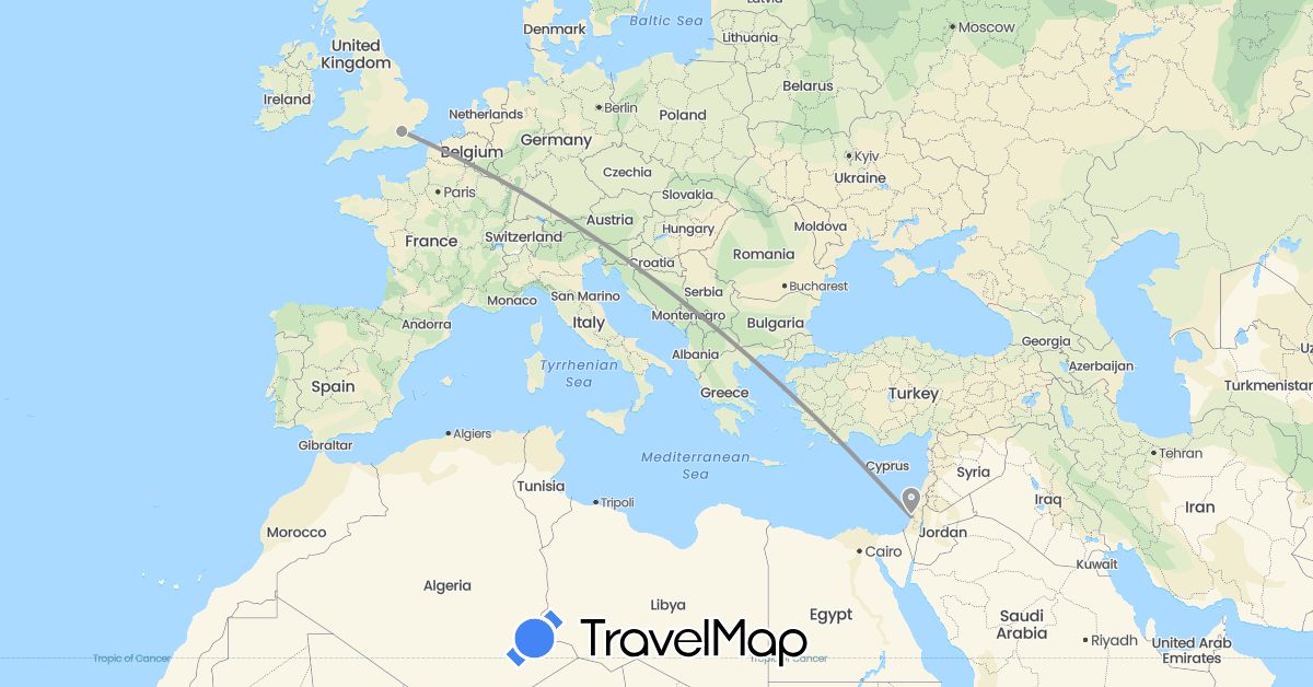 TravelMap itinerary: driving, plane in United Kingdom, Israel (Asia, Europe)